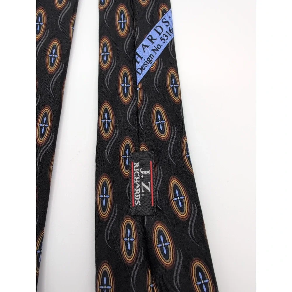 Vintage J.Z.‎ Richards Silk Tie Black Geometric Oval Medallion Pattern Made USA